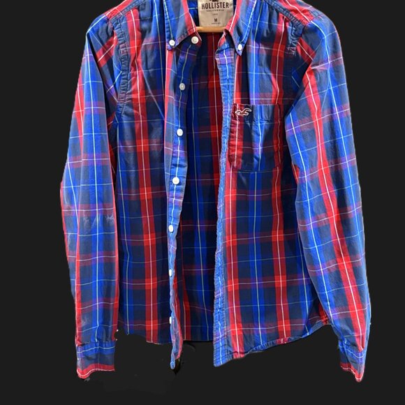 Hollister Men's Red Blue Plaid Button-Up Shirt Casual - Picture 2 of 3
